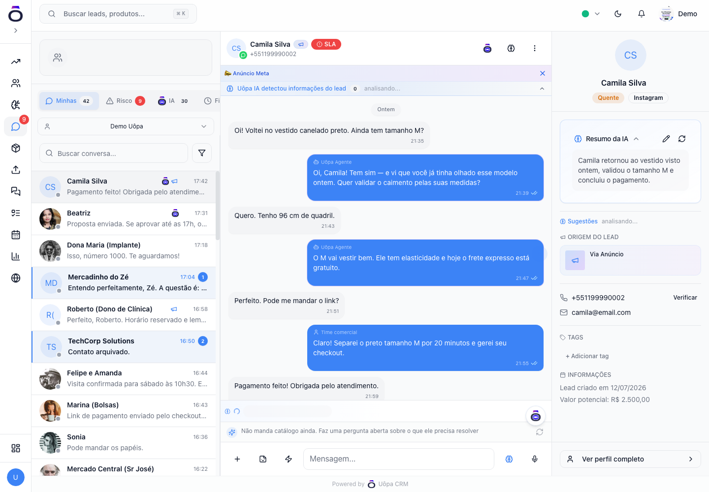 Central de conversas do Uôpa com resumo da IA e sugestões de próxima mensagem ao lado do atendimento