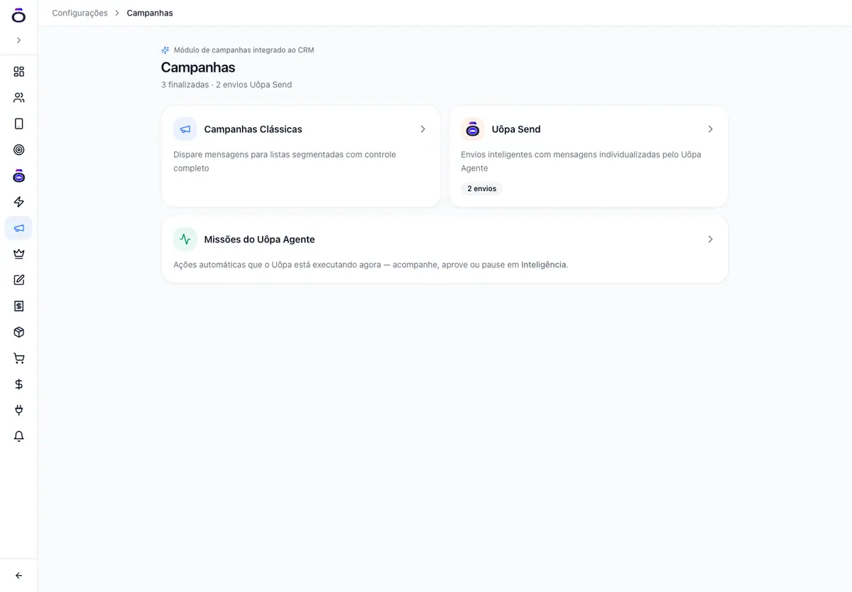 Área de campanhas do Uôpa CRM com Uôpa Send e mensagens individualizadas
