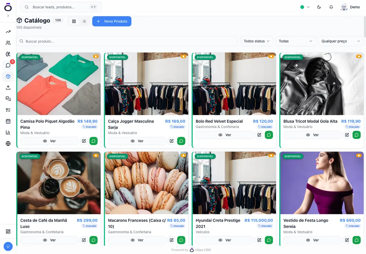 Catálogo de produtos do Uôpa CRM com preços, disponibilidade, atacado e venda pelo WhatsApp
