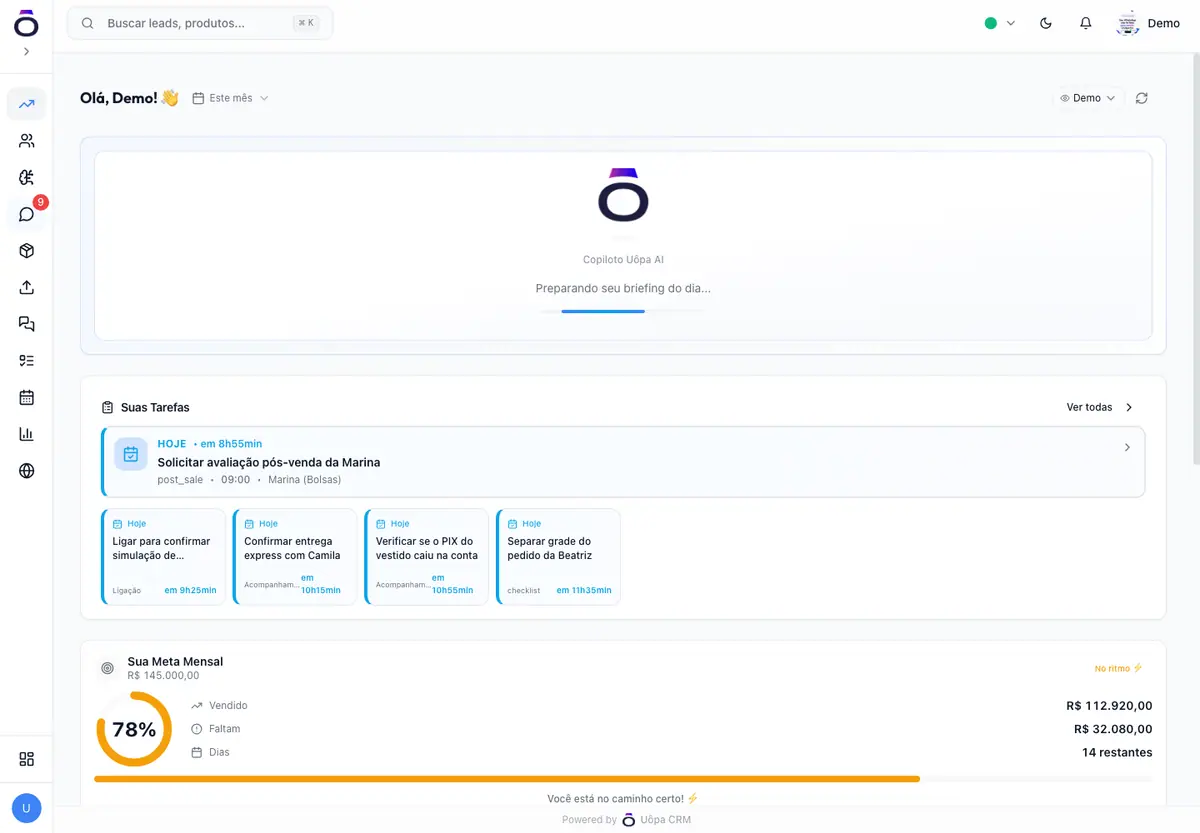 Dashboard do Uôpa CRM com tarefas comerciais do dia e meta mensal