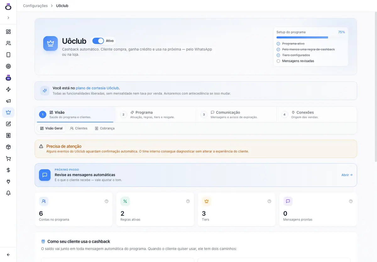 Uôclub ativo com cashback, clientes, regras e níveis de fidelidade