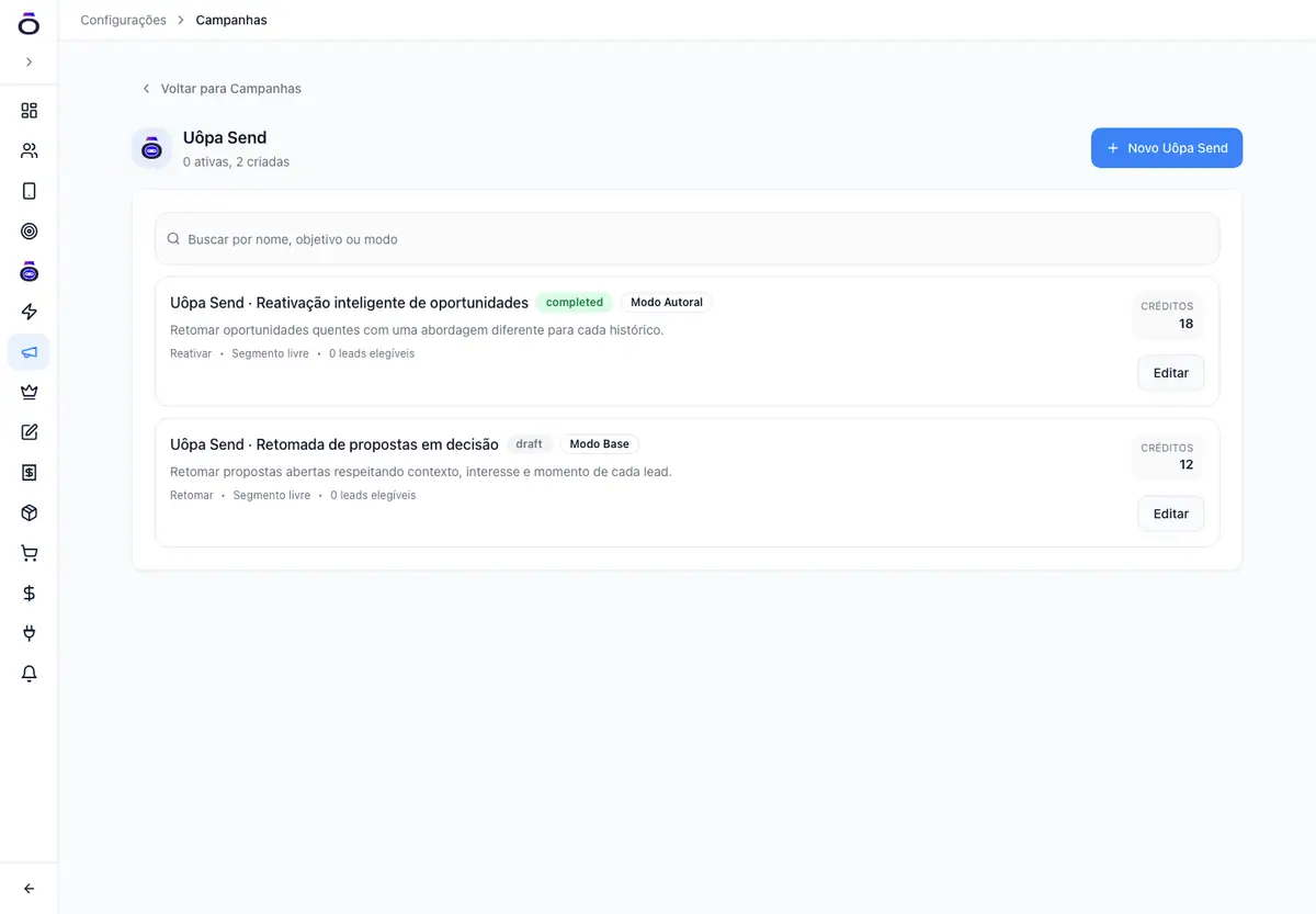 Captura de tela do Uôpa Send mostrando recursos de campanhas comerciais
