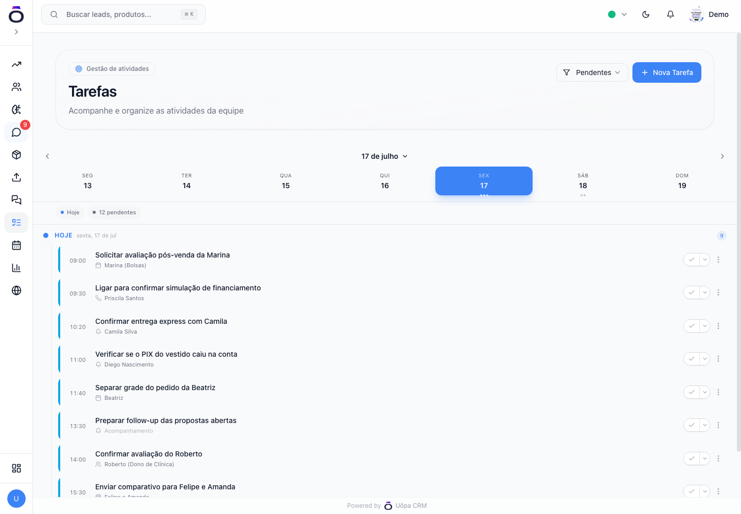 Painel de tarefas e agenda do Uôpa CRM com follow-ups agendados por lead